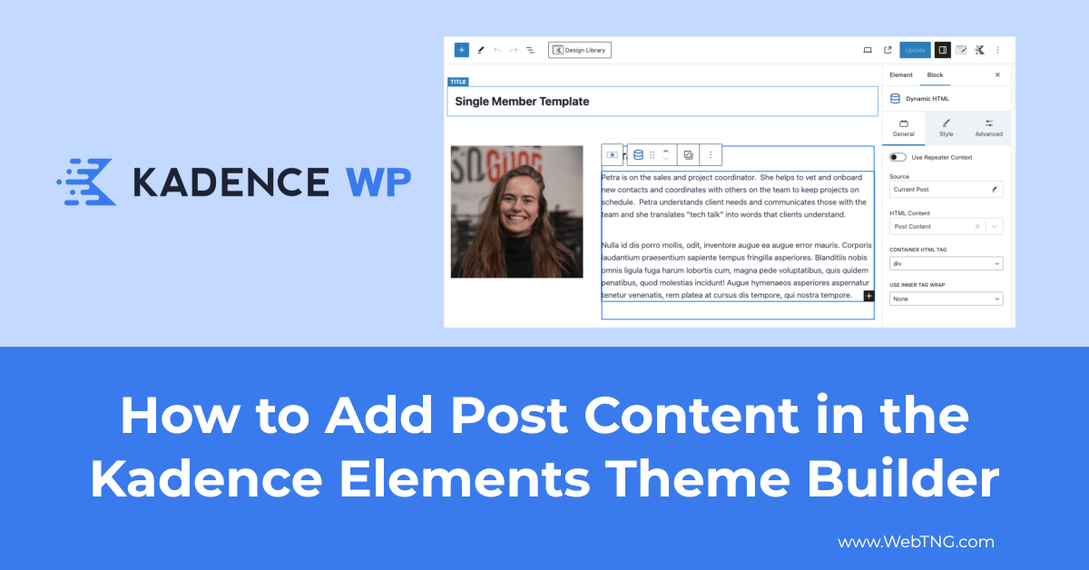 how to add post content in the kadence theme builder